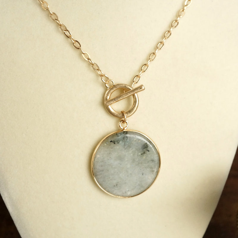 Semi-Precious Disc Pendant Front Toggle Chain Necklace