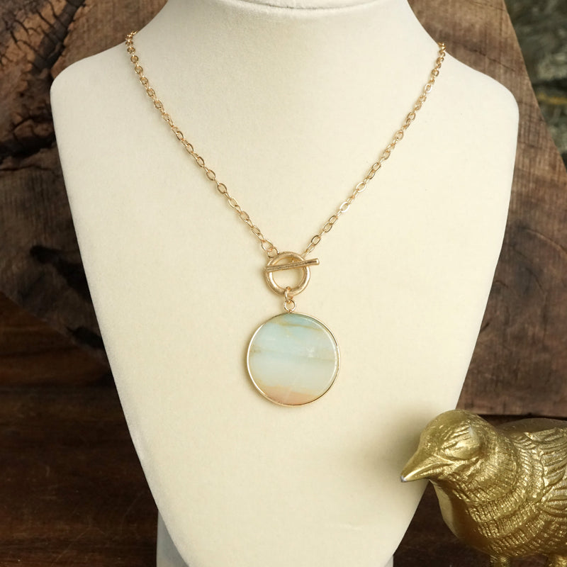 Semi-Precious Disc Pendant Front Toggle Chain Necklace