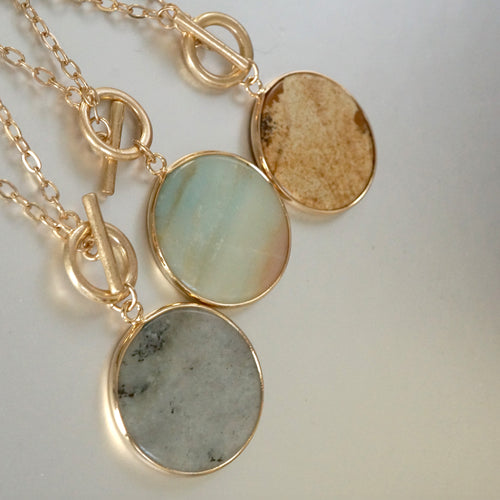 Semi-Precious Disc Pendant Front Toggle Chain Necklace