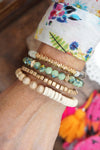 Bracelets stack of 4 piece beaded with Green Semi Precious stones glass wooden and golden beads