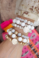 Coin Wood Beaded Bracelet Set - Silver Gold Tone