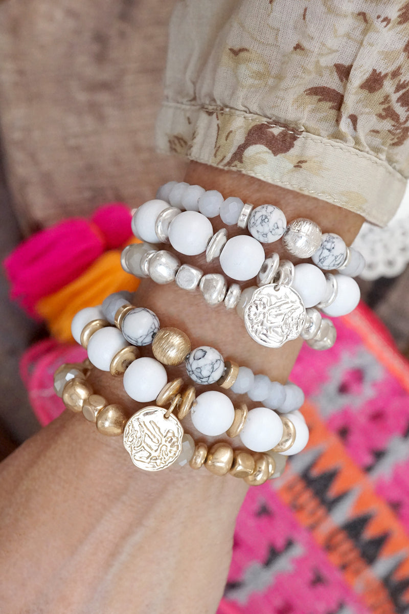 Coin Wood Beaded Bracelet Set - Silver Gold Tone