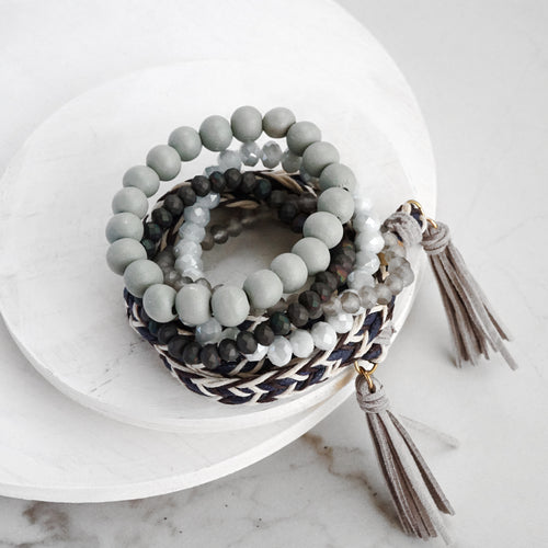Boho Wrap Tassels and Beads Bracelet Stack in greys