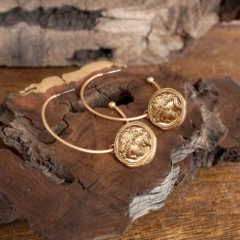 Boho Hoop Earrings with a Small Coin in Worn Gold
