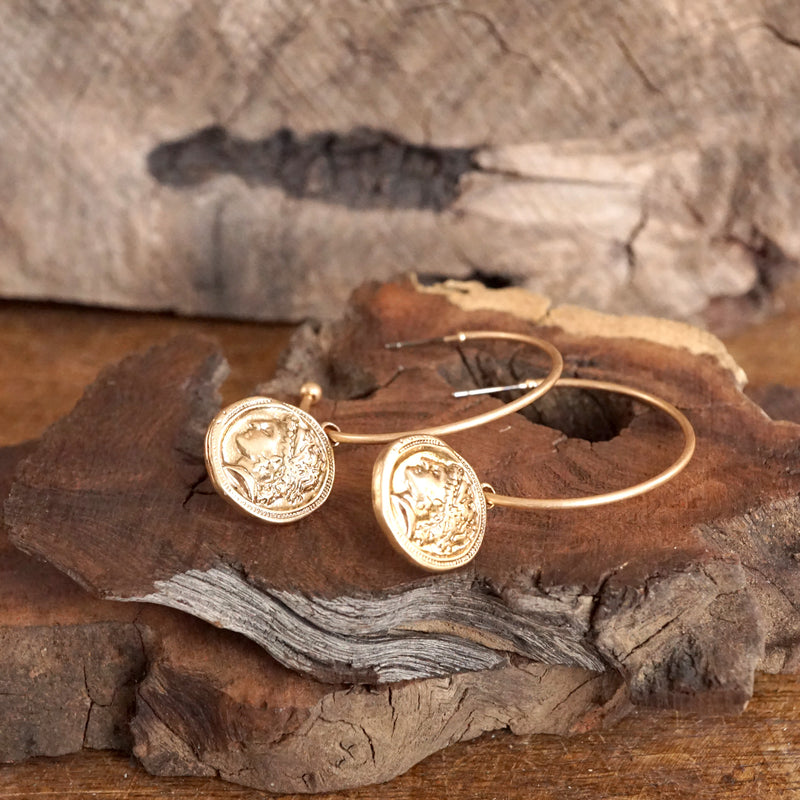 Boho Hoop Earrings with a Small Coin in Worn Gold