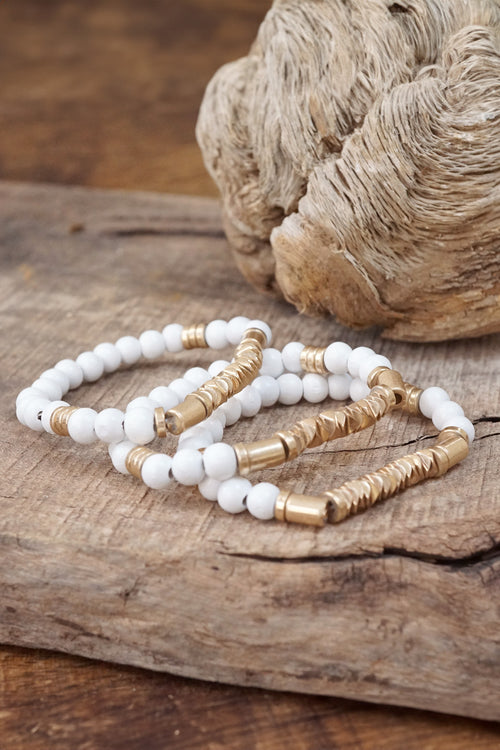 Boho Bracelets Stacks Wood and Metal Beads Pink White Neutral Gold