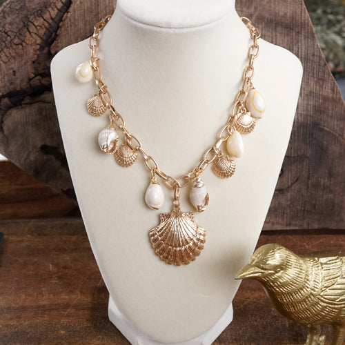 Multi-Charm Sea Life Statement Necklace with Shells and Golden Charms