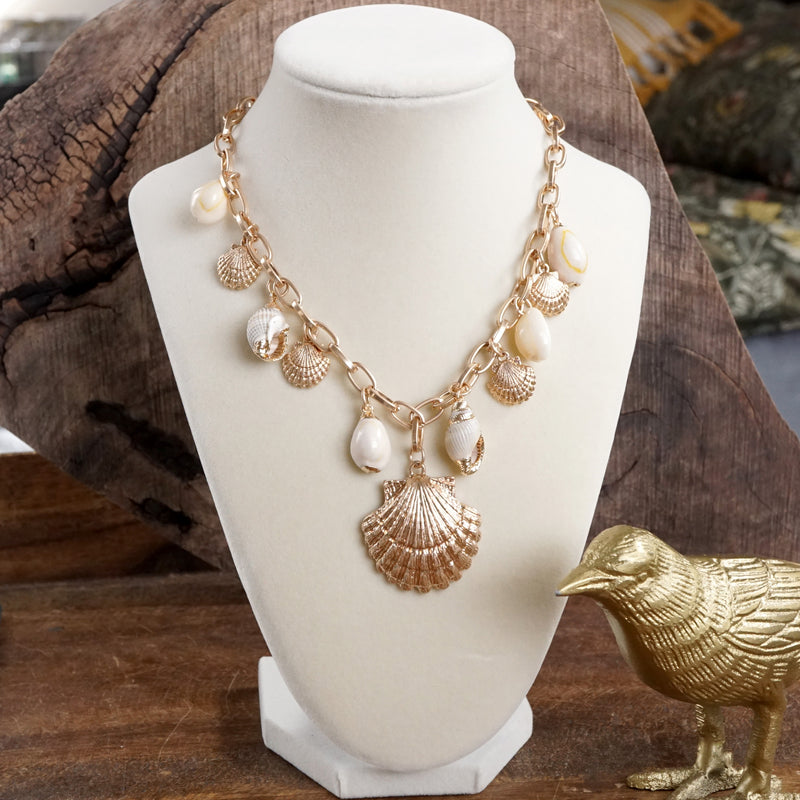 Multi-Charm Sea Life Statement Necklace with Shells and Golden Charms