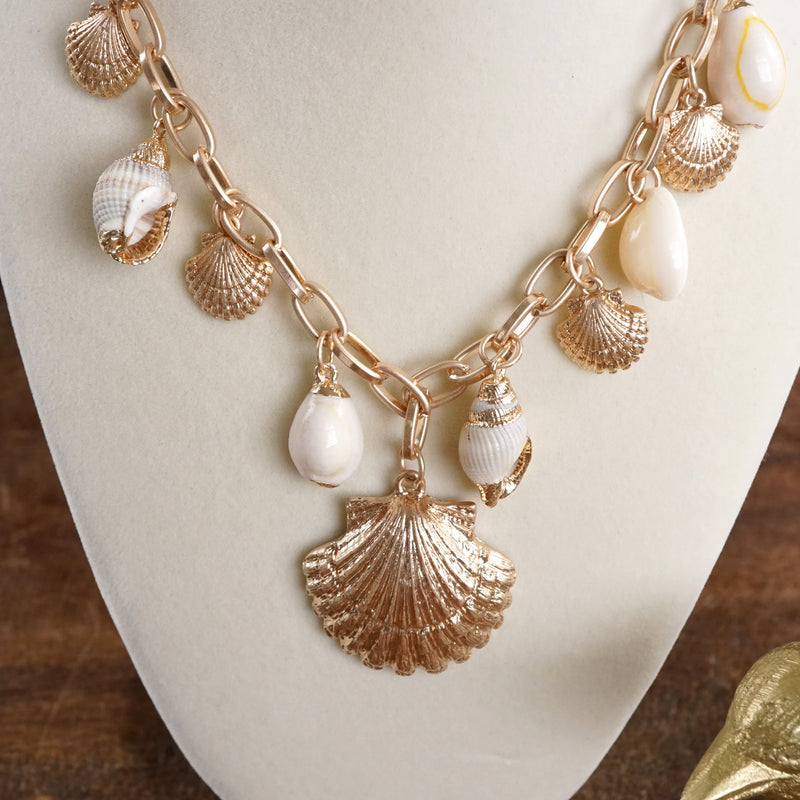 Multi-Charm Sea Life Statement Necklace with Shells and Golden Charms