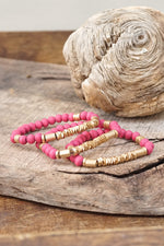 Boho Bracelets Stacks Wood and Metal Beads Pink White Neutral Gold