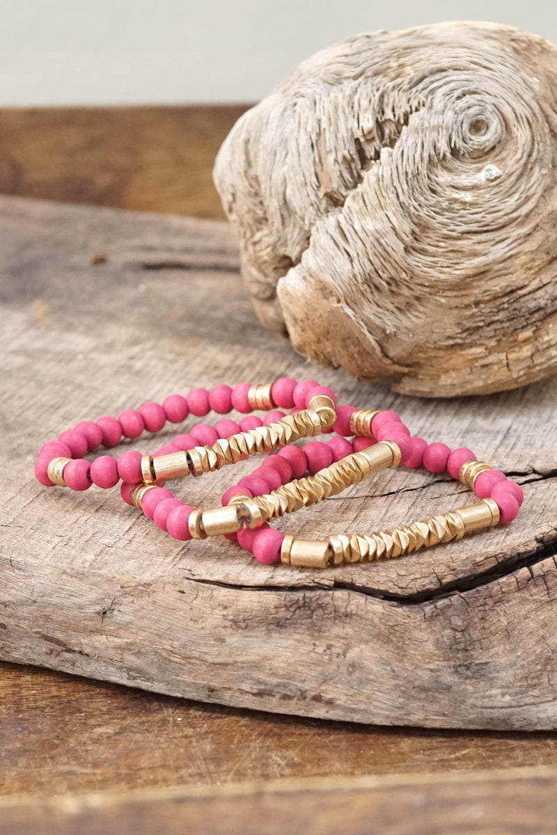 Boho Bracelets Stacks Wood and Metal Beads Pink White Neutral Gold