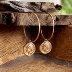 Boho Hoop Earrings with a Small Coin in Worn Gold