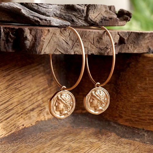 Boho Hoop Earrings with a Small Coin in Worn Gold