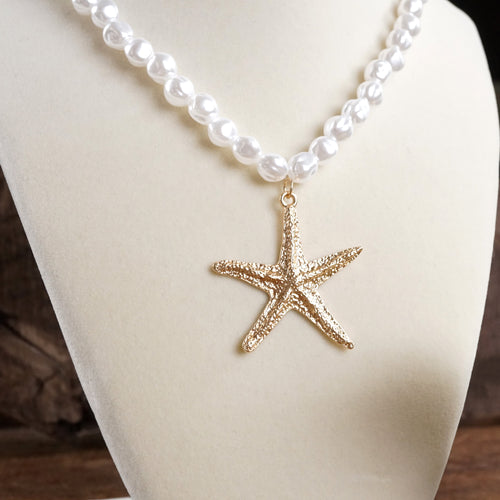 Sea Life Pearl Necklace with Starfish Statement Pendant