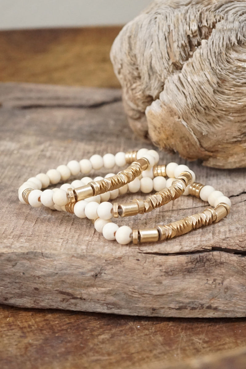 Boho Bracelets Stacks Wood and Metal Beads Pink White Neutral Gold