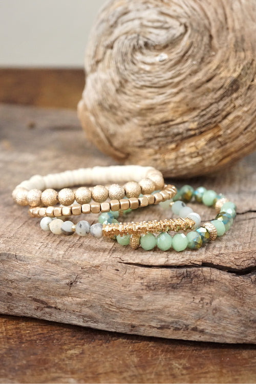 Bracelets stack of 4 piece beaded with Green Semi Precious stones glass wooden and golden beads