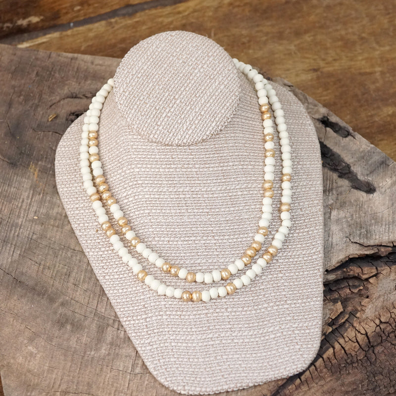 Multi Strand Wooden Beads Short Statement Necklace in Cream and Gold