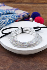 Stretchy Bracelets Stack with Iridescent Rhinestones Silver tone