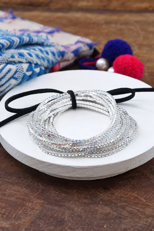 Stretchy Bracelets Stack with Iridescent Rhinestones Silver tone