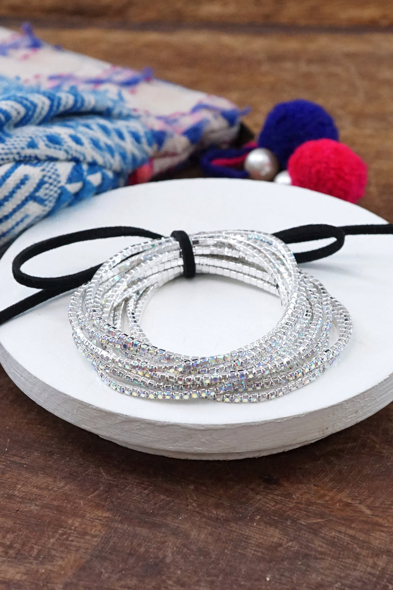 Stretchy Bracelets Stack with Iridescent Rhinestones Silver tone