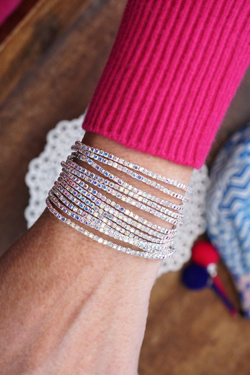 Stretchy Bracelets Stack with Iridescent Rhinestones Silver tone