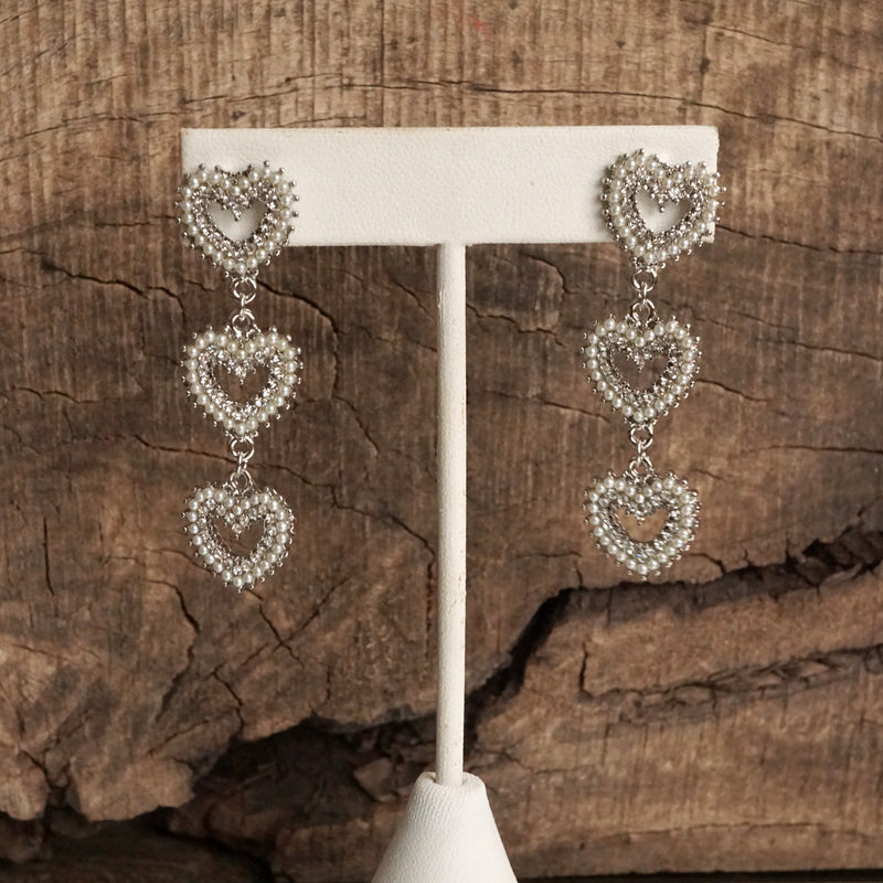 3 Hearts Dangle Post Earrings with Pearls and Crystals – Gold or Silver Tone