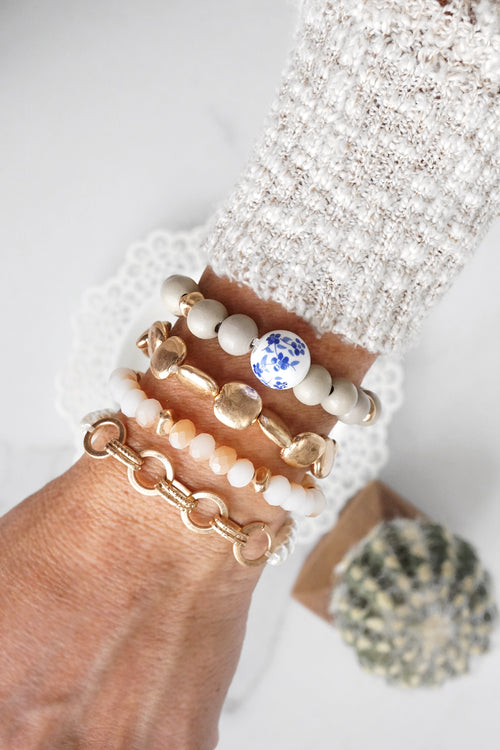 4 piece Blue Chinoiserie Wooden Glass Beads Bracelets Stack