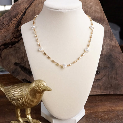 Classic Bar Chain & Organic Pearls Necklace – Gold Tone