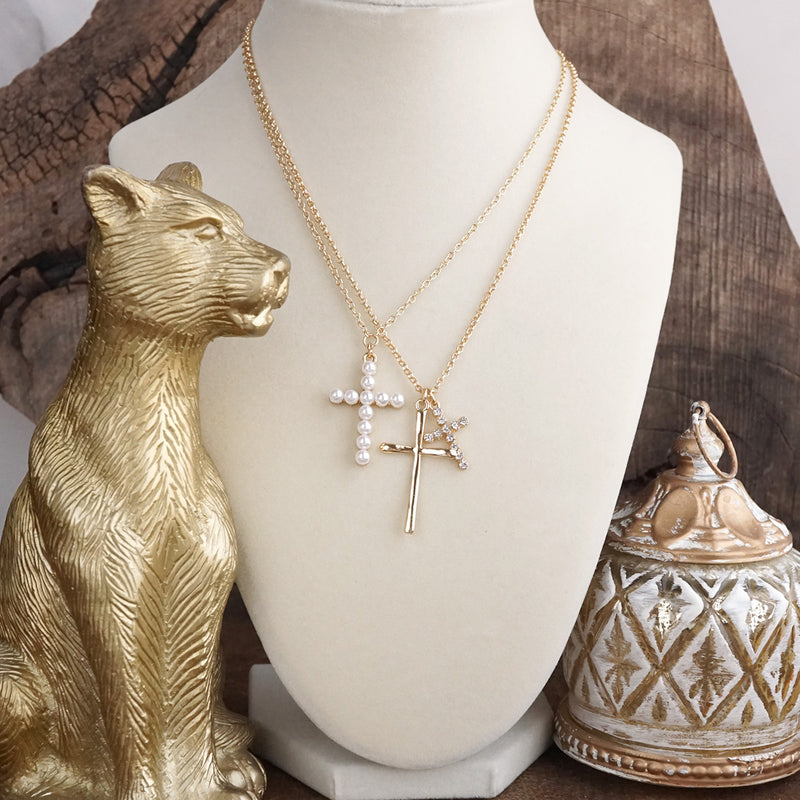 Sacred Layers – Multi Cross Pendant Necklace in Gold Tone