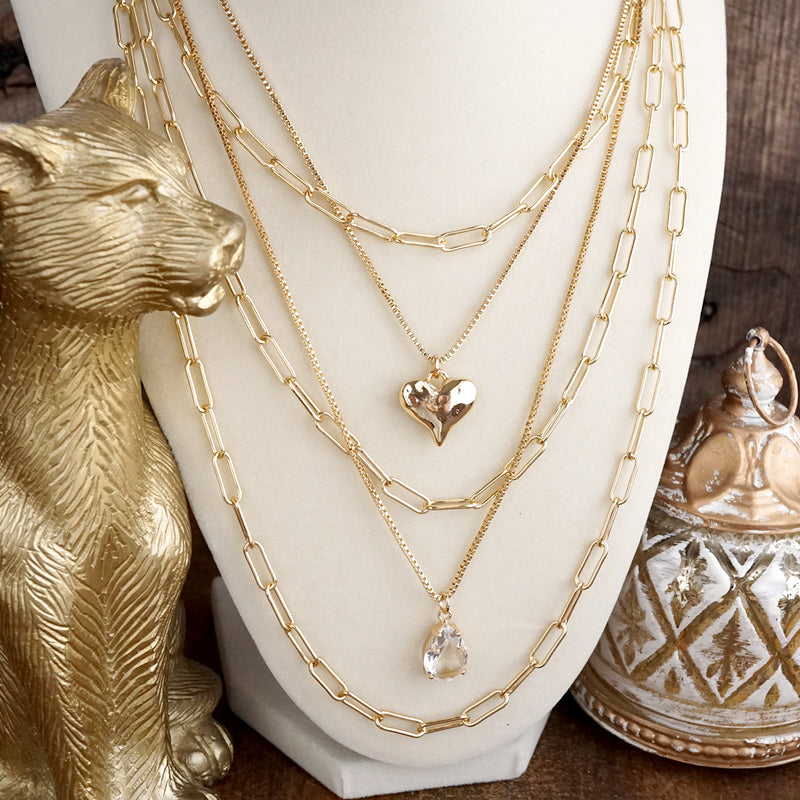 Hearts Entwined – 5-in-1 Layered Necklace with Hammered Heart & Teardrop Crystal