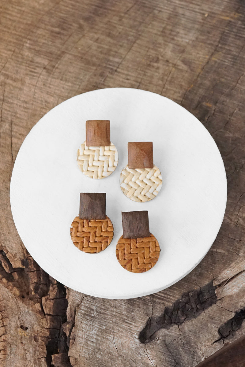 Straw and Wood Drop Earrings Round Rattan Brown Cream