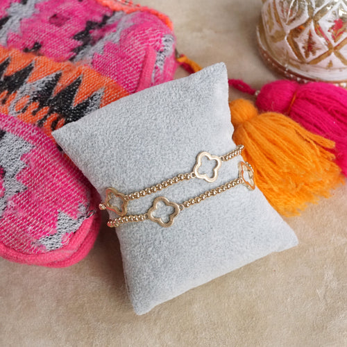 Clover and Tiny Ball Beads Bracelet Sets – Worn Gold or Silver Tone