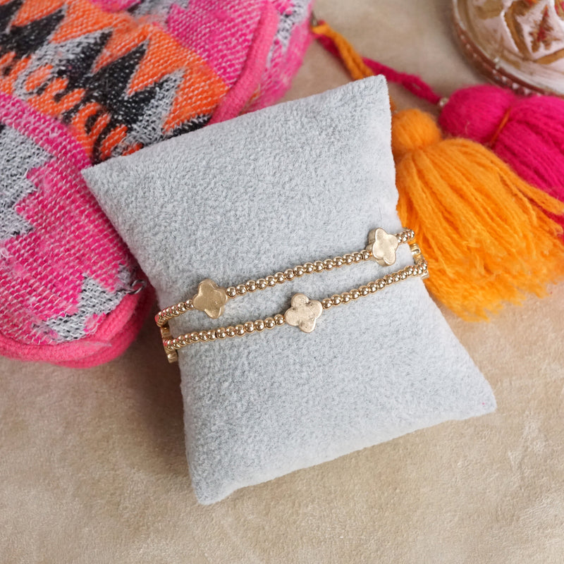 Clover and Tiny Ball Beads Bracelet Sets – Worn Gold or Silver Tone