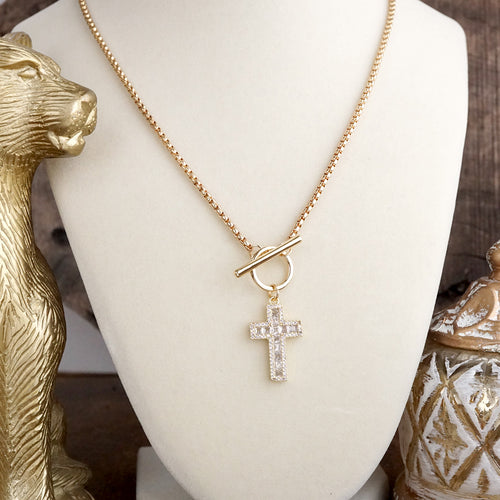 Radiant Devotion – Crystal Cross Toggle Necklace in Gold