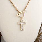 Radiant Devotion – Crystal Cross Toggle Necklace in Gold
