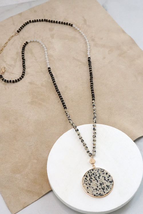 Beaded Necklace with Semi Precious Dalmatian Stone Round Pendant