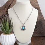 Desert Bloom – Square Concho Pendant Necklace in Worn Silver