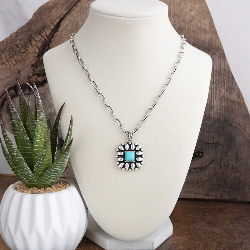 Desert Bloom – Square Concho Pendant Necklace in Worn Silver