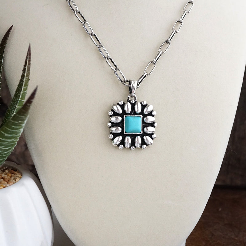 Desert Bloom – Square Concho Pendant Necklace in Worn Silver