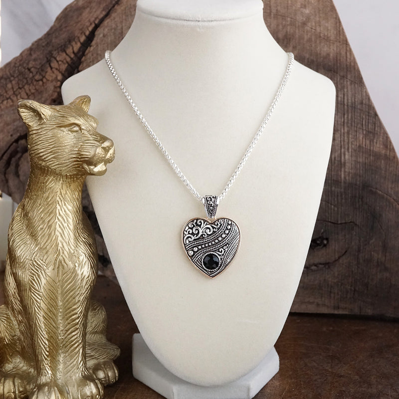 Heirloom Glow – Ornate Heart Pendant Necklace in Worn Silver and Gold
