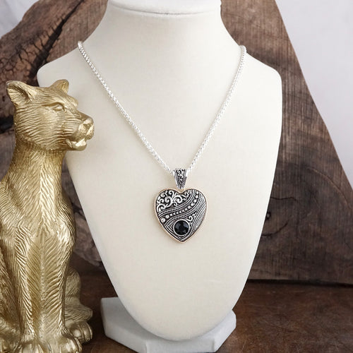 Heirloom Glow – Ornate Heart Pendant Necklace in Worn Silver and Gold
