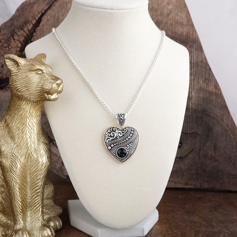 Heirloom Glow – Ornate Heart Pendant Necklace in Worn Silver and Gold