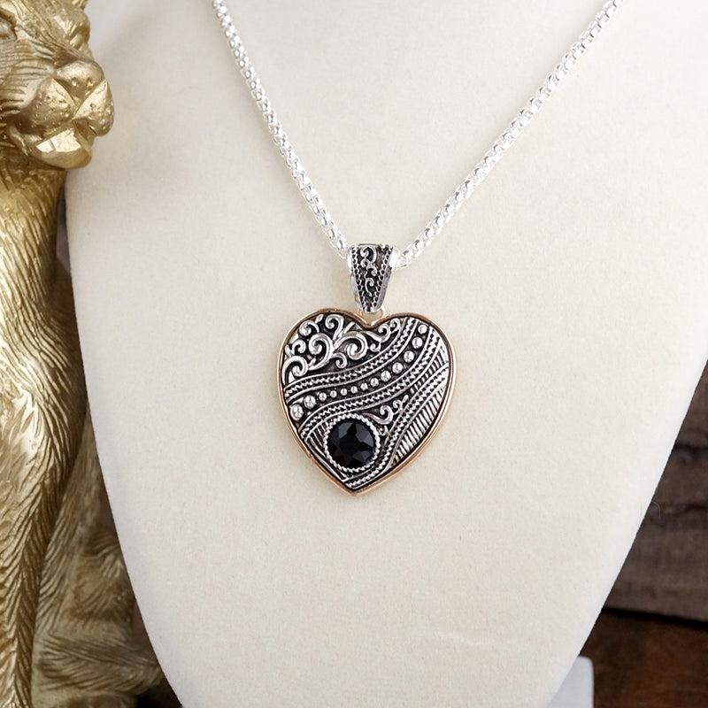 Heirloom Glow – Ornate Heart Pendant Necklace in Worn Silver and Gold