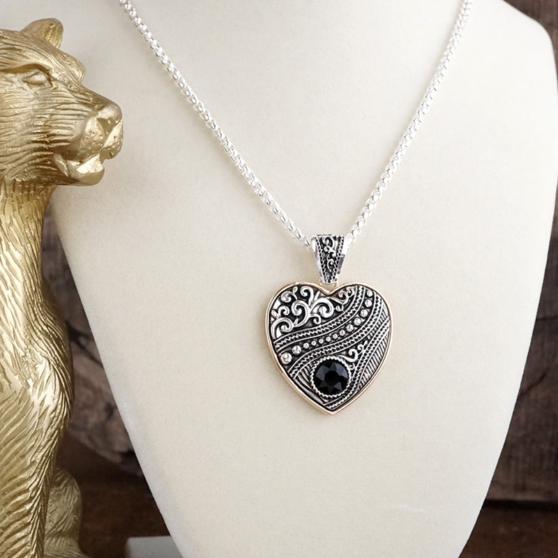 Heirloom Glow – Ornate Heart Pendant Necklace in Worn Silver and Gold