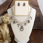 Hearts in Harmony – Filigree Charm Necklace & Earring Set in Worn Silver & Gold