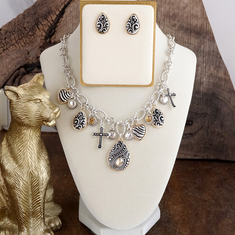 Hearts in Harmony – Filigree Charm Necklace & Earring Set in Worn Silver & Gold