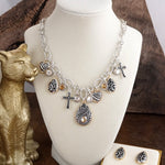 Hearts in Harmony – Filigree Charm Necklace & Earring Set in Worn Silver & Gold