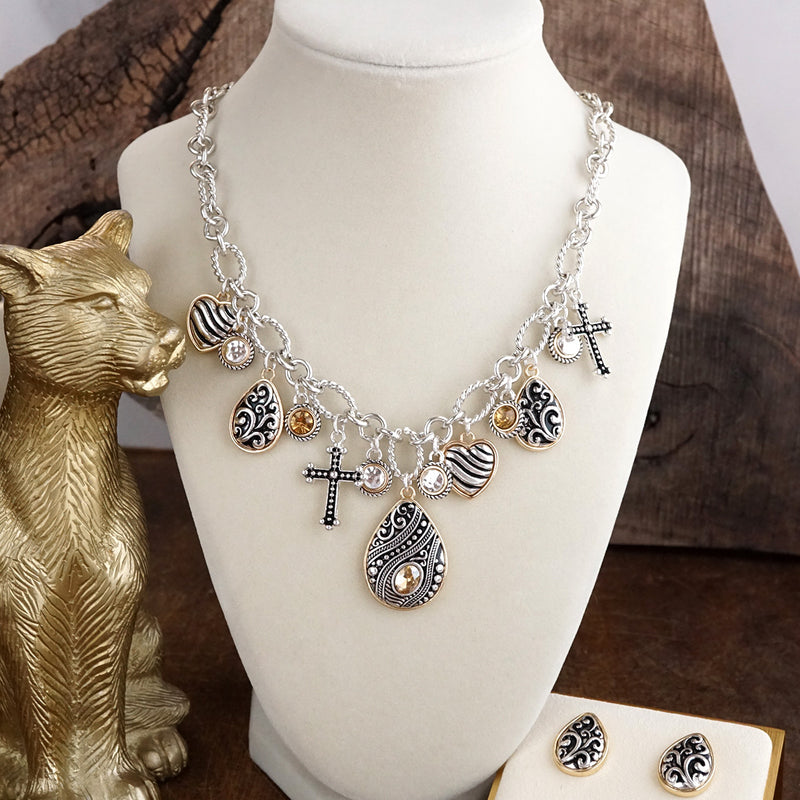 Hearts in Harmony – Filigree Charm Necklace & Earring Set in Worn Silver & Gold
