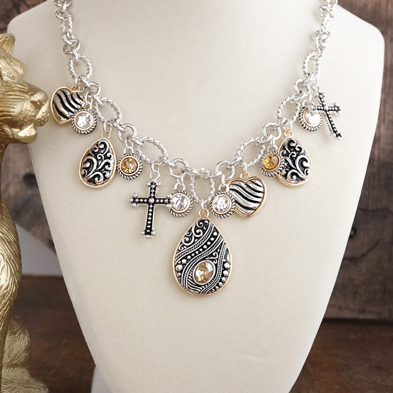 Hearts in Harmony – Filigree Charm Necklace & Earring Set in Worn Silver & Gold