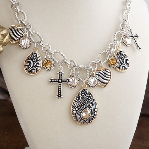 Hearts in Harmony – Filigree Charm Necklace & Earring Set in Worn Silver & Gold